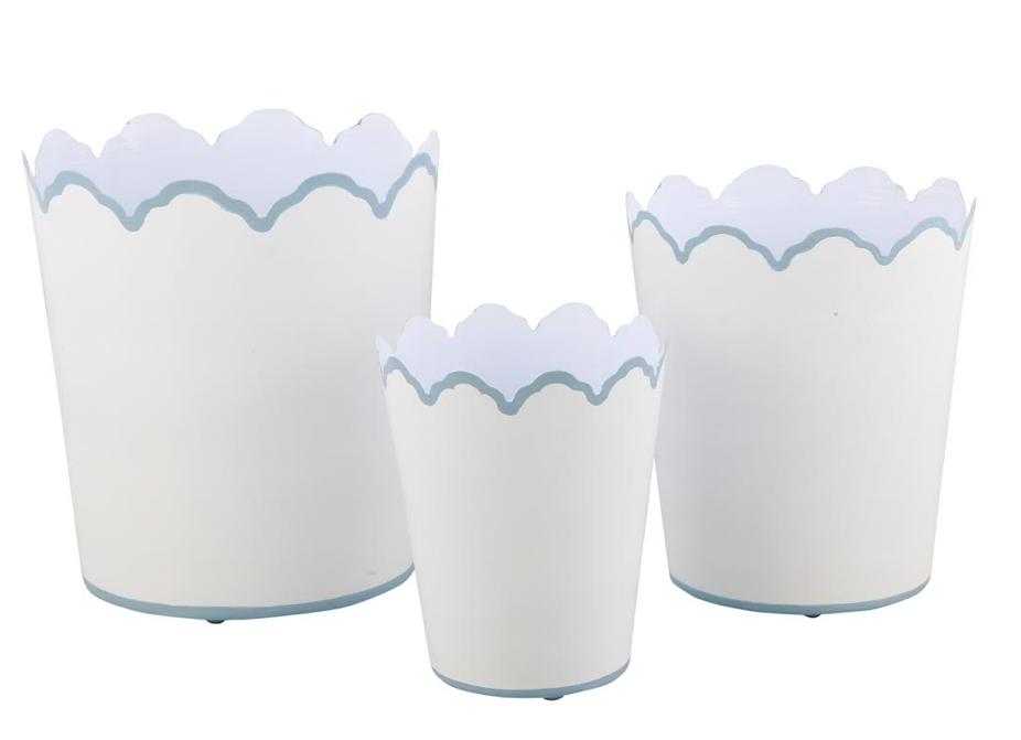 White & Pale Blue Scalloped Bucket Planters (3 Sizes)