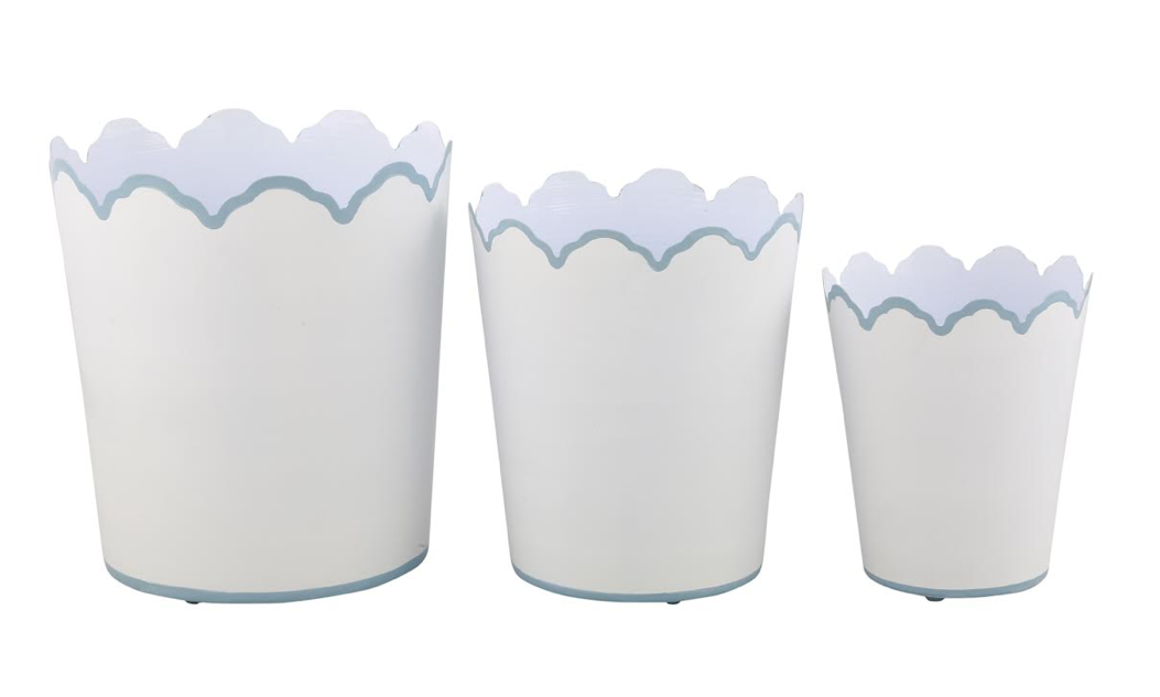 White & Pale Blue Scalloped Bucket Planters (3 Sizes)