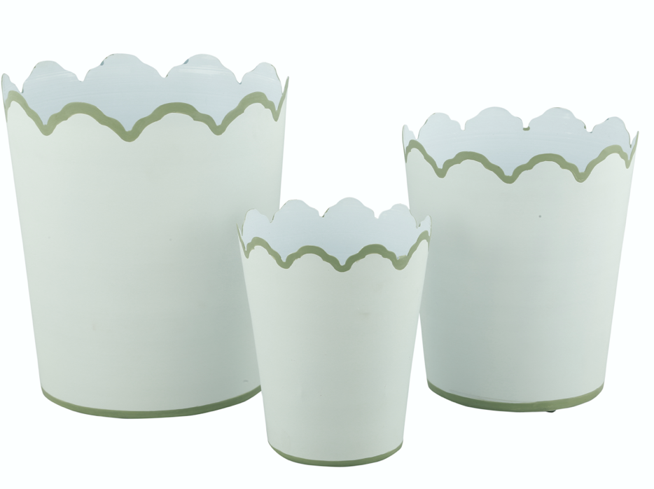 Set of 3 White & Soft Green SCALLOPED BUCKET PLANTERS (3 SIZES)