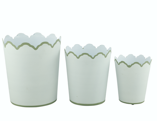 Set of 3 White & Soft Green SCALLOPED BUCKET PLANTERS (3 SIZES)