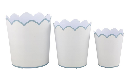 White & Pale Blue Scalloped Bucket Planters (3 Sizes)